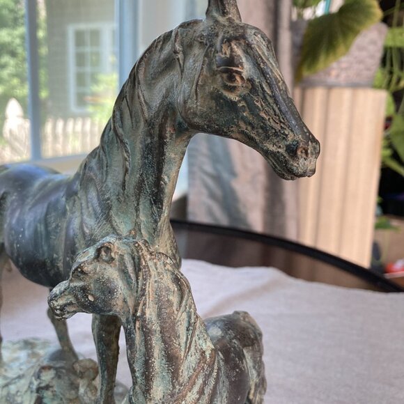 Maitland-Smith Bronze Horse Sculpture, Mare & Foal Statuette, Green Patina Brass - Picture 5 of 10